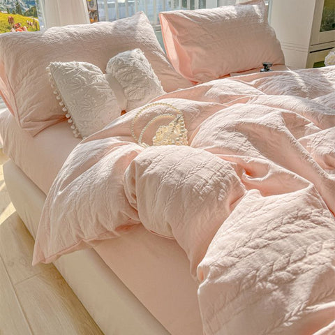 Sonicelife ins Princess Style Bed Four-Piece Set Knitted Washed Cotton Bed Sheet Quilt Cover Set Three-Piece Set Girls Bedding Set