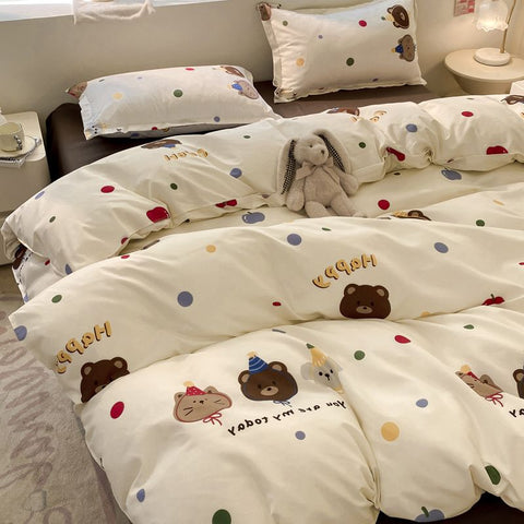 Sonicelife Kawaii Bear Bedding Set No Filler Ins Single Queen Size Duvet Cover Flat Sheet Pillowcase Kids Adult Boys Home Hotel Bed Linens