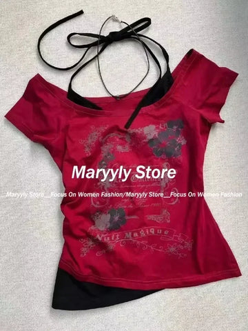 Sonicelife Summer Retro Fake Two-piece Printed T-shirt Women Y2K Streetwear Hot Girl Sexy Slim Off Shoulder Millennium Harajuku Casual Tops