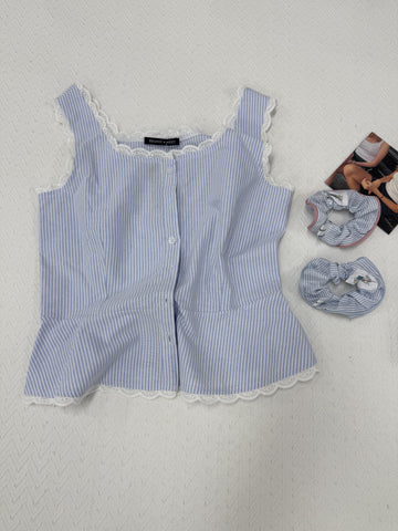 Sonicelife Cute Blue Striped 2 Piece Set Outfits Women New Buttons T-shirts+Buttons Straight Short Pants Sweet Lace Trim Blouse Shorts Sets