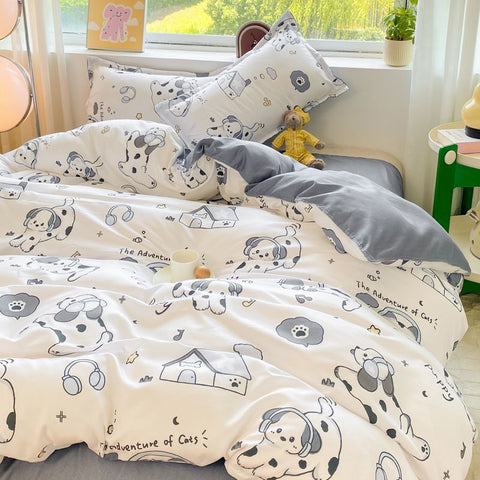 Sonicelife Cute Dog Bedding Set New Design Girls Ins Duvet Cover with Zipper No Filler Flat Sheet Pillowcase Queen Size Bed Linens