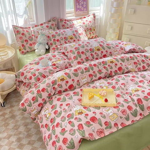 Sonicelife Korean Pink Rose Duvet Cover Set Soft Green Flat Sheet Quilt Cover Pillowcase Bed Linen Twin Queen Full Size Floral Bedding Set