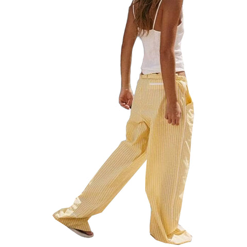 Sonicelife Women's Striped Pants Poplin Fabric Elastic High Waist Casual Versatile, Straight Leg New