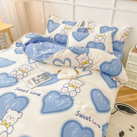 Sonicelife Cute Bear Bedding Set Girls Boys Kids Single Double Size Flat Sheet Duvet Cover Pillowcase Bed Linens White Blue Home Textile