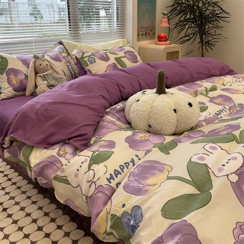 Sonicelife Pastoral Floral Rose Bedding Sets Flat Bed Sheet Duvet Cover Single Double Full Queen King Bedclothes Ins Pure Bedroom Linen