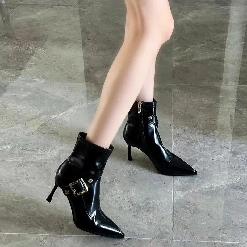 Sonicelife 2025 Autumn Winter Pointed Toe Women Ankle Boot Fashion Belt Buckle Thick High Heels Shoes  Modern Short Booties