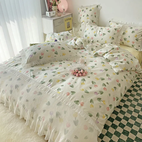 Sonicelife Ins Princess Bedding Set No Filler Floral Korean Ruffles Duvet Cover Pillowcase Bedskirt Single Queen Size Home Decor Bedspread