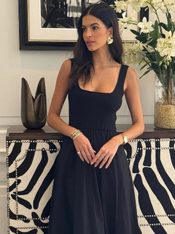 Sonicelife Elegant Square Neck High Waist Patchwork Dress Sexy Spliced Sleeveless Backless Long Dress 2025 Summer Lady Vocation Party Robes