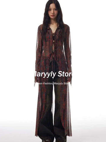Sonicelife Summer American Retro Print Cardigan Jackets Women Long Sleeve Mesh Sun Protection Coat Women Y2k Grunge Slim Fit Blusas Shirts