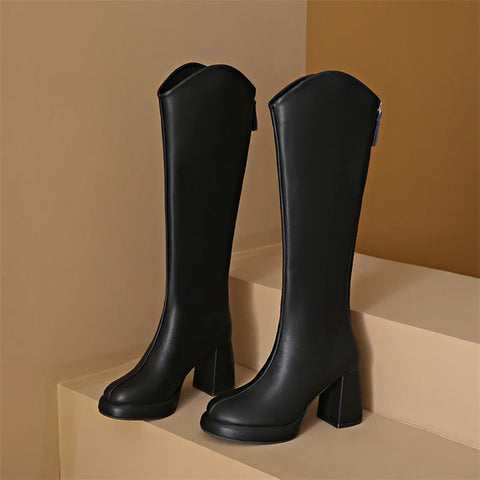 Sonicelife Women Knee High Boots 3cm Platform 8cm High Heels Square Mid Heels White Boots Lady Fetish Stripper Booties Leather Zipper Shoes