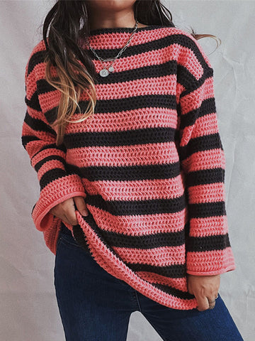 Black Friday Sonicelife Casual Knitted Striped Sweaters Women Vintage Loose Long Sleeve Pullover Sweater Female Autumn Thick Soft Versatile Knitwear