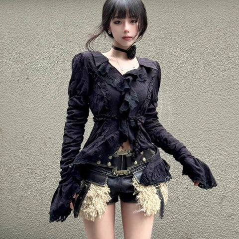 Sonicelife Vintage V Neck Black Shirts Women Y2K Slim Waist Ruffles Blouses Grunge Long Sleeve Chic Pleated Tops Mujer Spring Autumn New