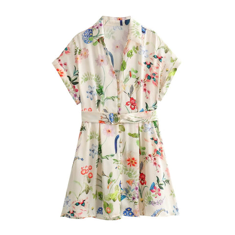 Sonicelife Women's Long Sleeve Mini Dress, Flower Printed Silk Satin, Satin Feel, Waist Lace, Versatile, New