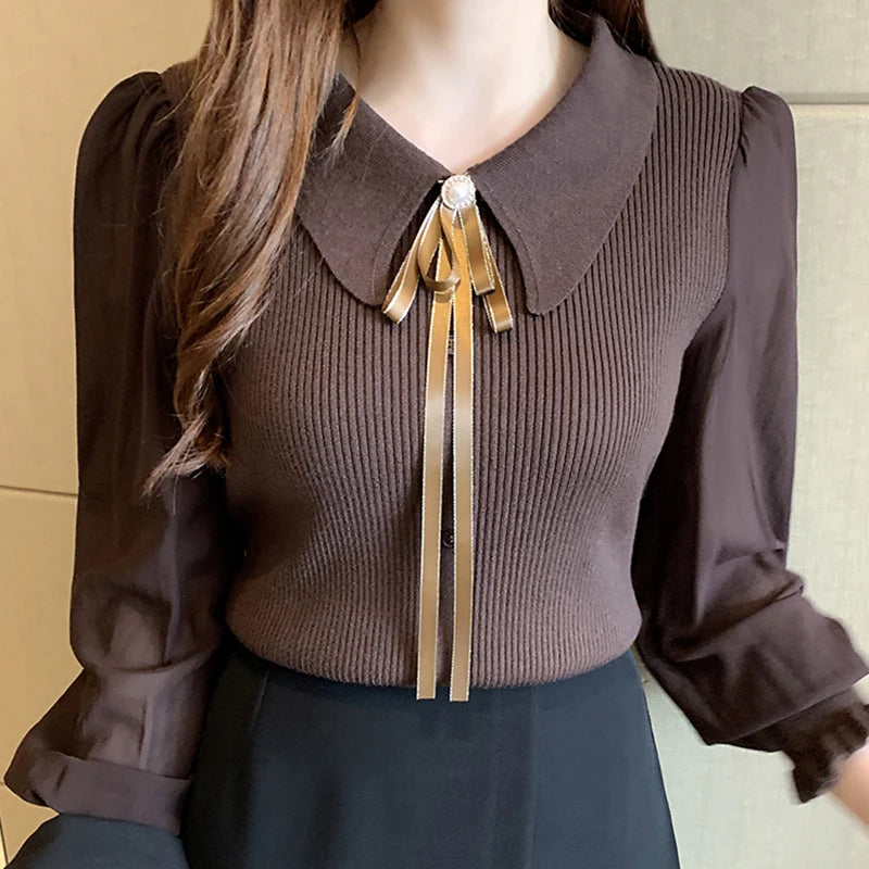 Sonicelife 2024 Autumn Women Chiffon Patchwork Sweater Lantern Sleeve Turn-down Collar Pullover Office Lady Sweater For Women