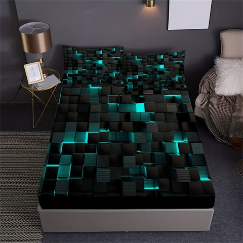 Sonicelife Red Grid 3D Visual Geometry Art Print Fitted Sheet Set Mattress Covers Soft Breathable Bedding Set With Deep Pocket for Bedroom