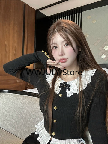 Sonicelife 2025 Autumn Vintage Black 2 Piece Set Skirt Casual Sweater Tops + Sexy Bodycon Mini Skirt Korean Fashion Knitted Suit Woman Slim