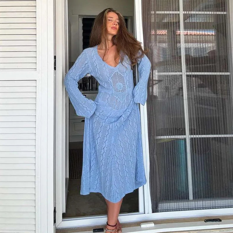 Sonicelife Elegant Knit Hollow Out Long Dress Women Loose V-neck Full Sleeves See Through Beach Female Dresses 2024 Summer Lady Beach Robes