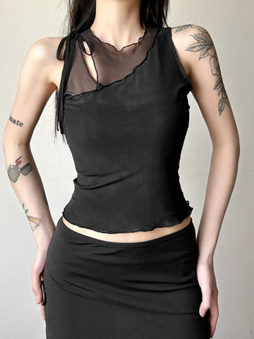 Sonicelife Dark Academia Gothic Sexy Mesh Vest Women Streetwear See Through Hollow Out Patchwork Crop Tank Top Y2k Emo Alt Outfits