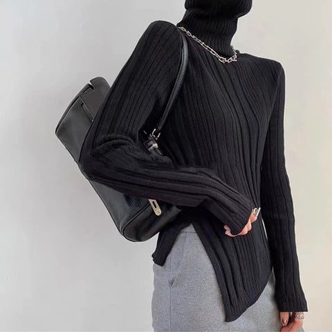 Black Friday Sonicelife Zoki Autumn Warm Turtleneck Knit Sweater Women Fashion Split Irregular Slim Chic Pullover Korean Thick Solid All Match Jumpers