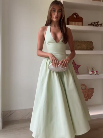 Sonicelife Elegant V Neck Green Long Dresses Women Fashion High Waist A-line Halter Midi Vestidos New Summer Lady Evening Party Dress 2025