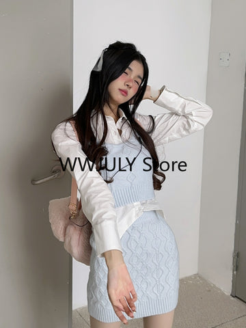 Sonicelife Japanese Fashion Suit Skirt Woman Sweet Crop Tops Slim Bodycon Mini Skirt Knitted Sweater 3 Piece Set Office Lady 2025 Autumn