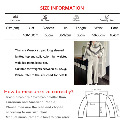 Sonicelife V-neck Striped Long Sleeved Knit Top and Solid High Waist Wide Leg Pant Winter New Suit Women Loose Autumn Casual Two-piece Set