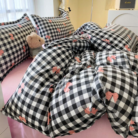 Sonicelife Nordic Pink Checkerboard Duvet Cover Sets With Pillowcases Flat Sheet Kids Girls Boys Full Queen Twin Size Kawaii Bedding Kit