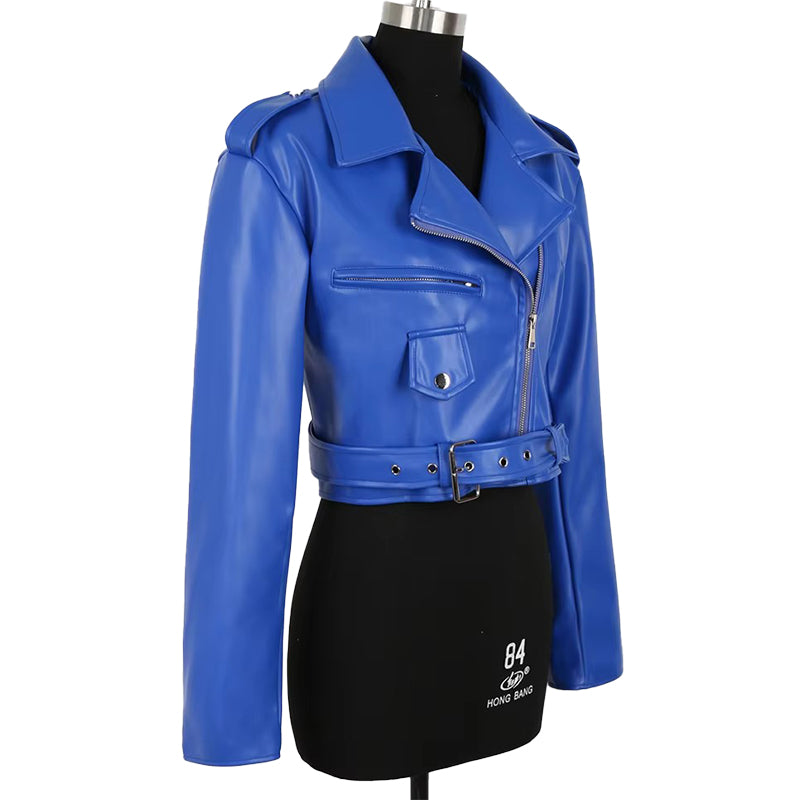 christmas outfit Sonicelife Spring Short Blue Lightweight Soft Pu Leather Moto & Biker Jacket Women Zipper Belt Long Sleeve Fall Clothes 2025