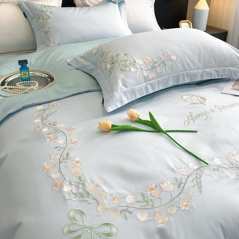 Sonicelife New High-End Simple and Light Luxury Skin-Friendly Cotton Four-Piece Set Simple Embroidery Bedding Lily