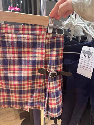 Sonicelife Orange Plaid Leather Buckle Skirt For Women High Waisted Pleated Short A-line Women's Skirts Fashion Street Style Clothes Y2k