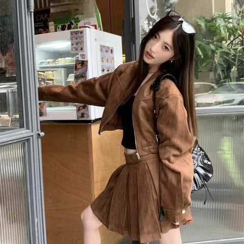 thanksgiving outfit Sonicelife 2024 Autumn New Sensibility Maillard Brown Vintage Leather Jacket With Pleated Skirt Set Women Fashion Dress Set