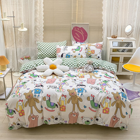 Sonicelife Kawaii Kids Bedding Set Soft Cotton Flat Fitted Sheet Duvet Cover Pillowcases Single Queen Cartoon Boy Girls Dormitory Bed Linen