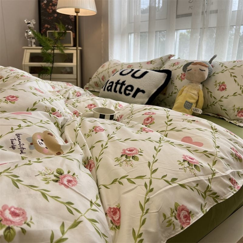 Sonicelife Strawberry And Flowers Bedding Sets Solid Color Girls Boys Double Size Flat Sheet Duvet Cover Pillowcase Bed Linen Home Textile