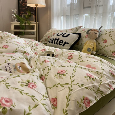Sonicelife Strawberry And Flowers Bedding Sets Solid Color Girls Boys Double Size Flat Sheet Duvet Cover Pillowcase Bed Linen Home Textile