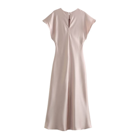 Sonicelife Women's Pleated Round Neck Sleeveless Silk Dress, Satin Texture, Minimalist Temperament, New
