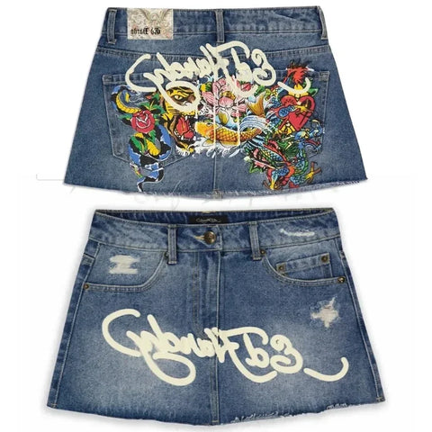 Sonicelife Womens Retro Blue Denim Short Skirt Punk High Waist Street Graffiti Print Harajuku Goth Hip Hop Letters Fashion Slim Mini Skirts