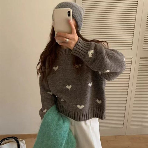 christmas outfit Sonicelife Love jacquard sweater for women in autumn and winter, loose, soft, lazy, high-end  short knitted sweater for little people