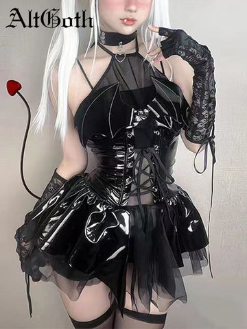 Sonicelife Sexy Cosplay Pu Dress Women Harajuku Streetwear Grunge Bandage Hollow Out Bats Dress Punk Y2k E-girl Mall Gothic Clothes