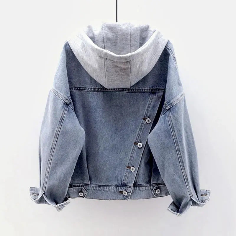 christmas outfit Sonicelife Blue Hooded Turn-down Collar Denim Jacket Women Loose Button Patchwork Outwear Jean Coat Female