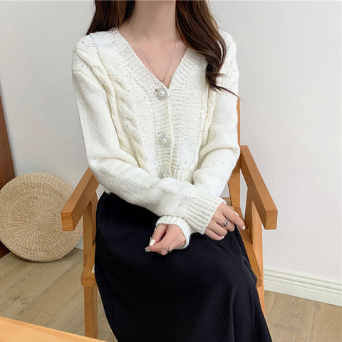 Sonicelife Chic Pearl Buttons Cardigan Women Sweet Long Sleeve Cropped Elegant Knitted Sweaters Coat Korean Long Sleeve White Cardigan