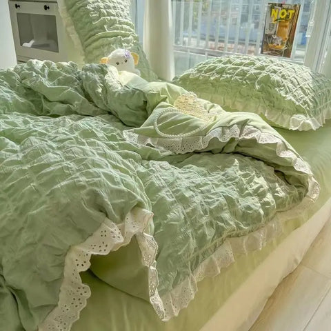 Sonicelife Ins Style Korean Princess Bedding Set Duvet Cover Wash Cotton Solid Color Summer Soft Bed Sheet Set Comfortable Set Quilt Cover