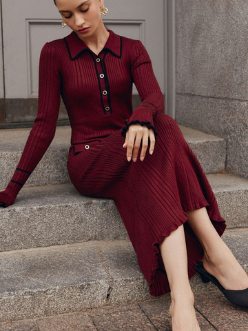 christmas outfit Sonicelife 2025 Fashion Burgundy Lapel Ruffles Knitted Midi Dress Women's Elegant Skinny Buttons Flare Sleeved Robe New Female Chic Vestido