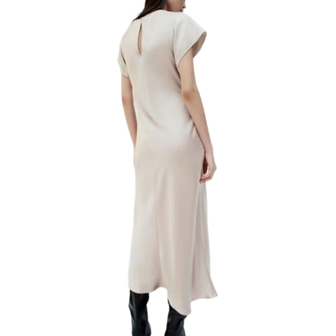 Sonicelife Women's Pleated Round Neck Sleeveless Silk Dress, Satin Texture, Minimalist Temperament, New