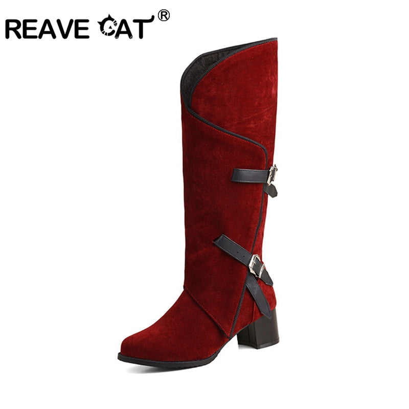 thanksgiving outfit Sonicelife REAVECAT 2024 Women Knee Boots 5cm Heel Wide Leg Round Toe Flock Suede Buckles Black Red Big Size 44 45 46 47