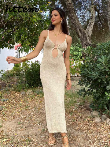 Sonicelife Sexy Knitted Hollow Out Sling Long Dress Women Slim V-Neck Sleeveless Backless Female Party Dresses 2024 Summer Lady Beach Robes