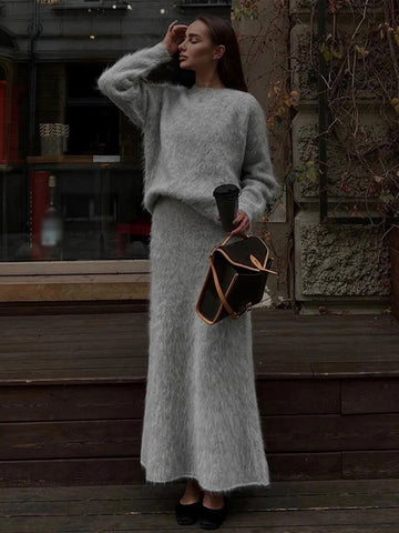 Sonicelife Mohair Women Knitted Skirts Sets Solid O-neck Loose Sweaters Skirts Suits 2 Pieces Female Elegant 2025 Autumn Casual Outfits