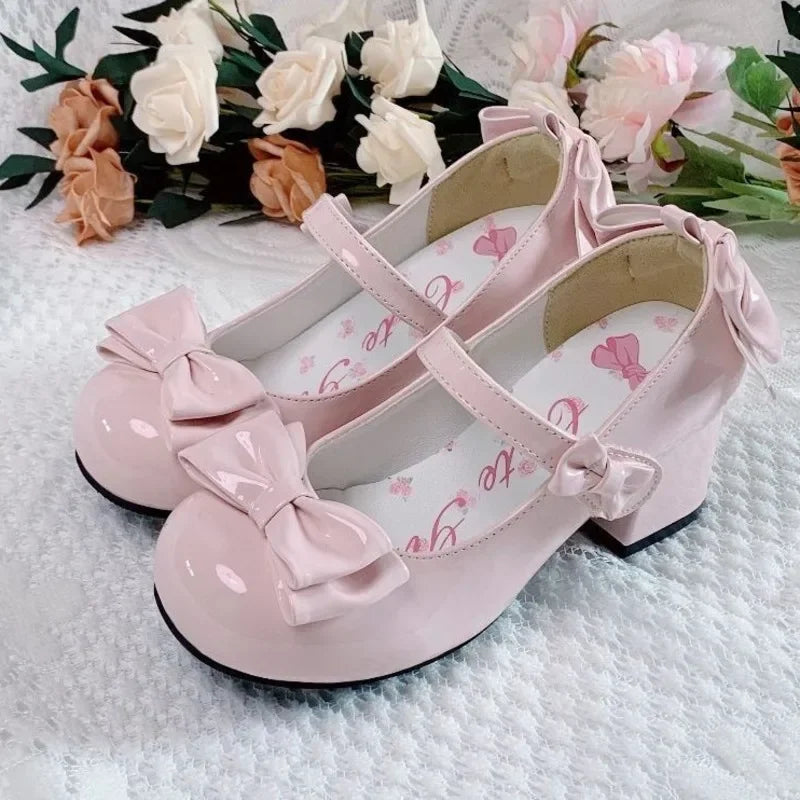 Sonicelife 2025 Lolita Style Cute Round Head  Jane Pumps With Bow Women's Sweet Party Dress Midi Heels Shoes Fashion PU Sandals