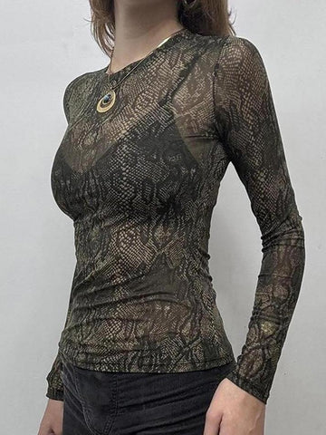 Sonicelife Sheer Snake Print Mesh Long Sleeve Top