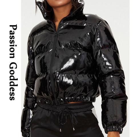 Sonicelife Bright PU Leather Pink Puffer Down Jackets for Winter Women Shiny Thick Puffer Jacket Warm Bubble Zipper Stand Collar Crop Parka