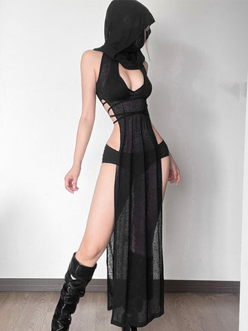 Sonicelife Coquette Dark Gothic Sexy Dress Women Vintage Y2k Cyberpunk See Through Cut Out Split High Waist Knitted Hooded Dress